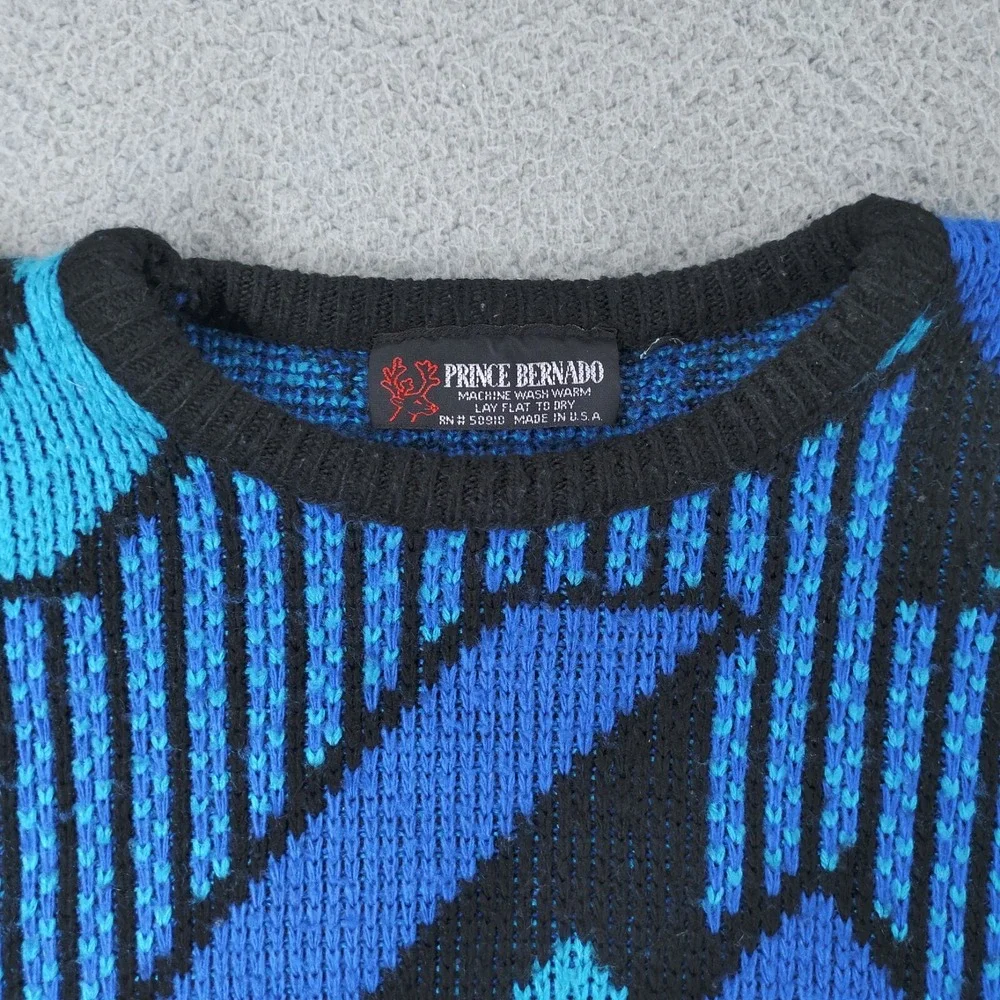 Prince Bernado Sweater Mens Blue Geometric Knitted Acrylic Long Sleeve Pullover